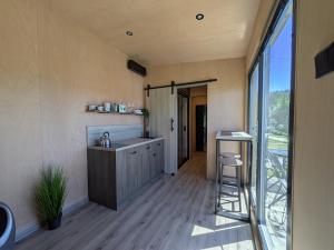 a kitchen with a counter and a sink in a room at Tiny House Dedinky in Dedinky