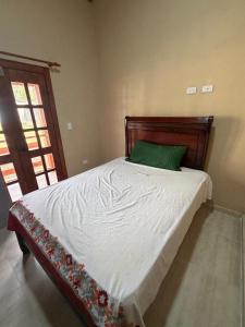 a bed with a green pillow on top of it at Villa Pincho in Constanza