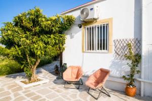 two chairs and a tree in front of a house at Livadi house in Theologos