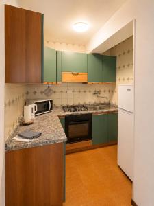 a kitchen with green cabinets and a white refrigerator at Appartamento Italia in Alleghe