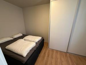 a small bedroom with a bed and a closet at Spacious Retreat in Oslo
