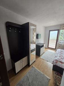 a bedroom with a dresser and a mirror at Vila Mihnea in Moieciu de Jos