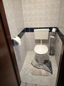 a bathroom with a white toilet in a tiled floor at Haus Brandner Judenburg in Judenburg