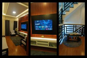 two pictures of a living room with a television and stairs at Casa Estela in Binangonan