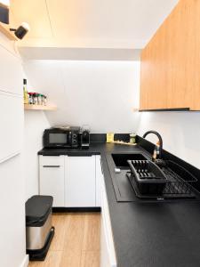 a kitchen with a stove and a sink at Studio Coconut in Baie Nettle
