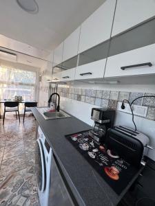 a kitchen with a counter with a coffee maker on it at Csillagkapu Vendégház in Kápolnásnyék