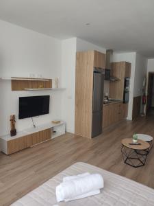 a living room with a television and a kitchen at apartamentos YEIK in Muxia