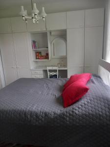 ein Schlafzimmer mit einem Bett, auf dem ein rotes Kissen liegt in der Unterkunft Tyynelä in Juupajoki + 4 Fotos