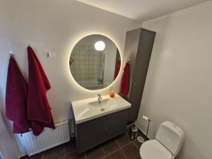 a bathroom with a sink and a mirror at Top floor apartment with view in Reykjavík