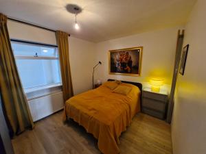a bedroom with a bed and a window at Top floor apartment with view in Reykjavík