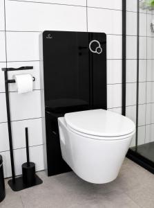 a toilet in a bathroom with a black and white wall at Fenyves Flow Apartman 1 in Balatonfenyves +16 photos