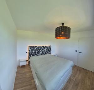 a bedroom with a bed and a chandelier at Villa de l'Eau Rouge in Malmedy