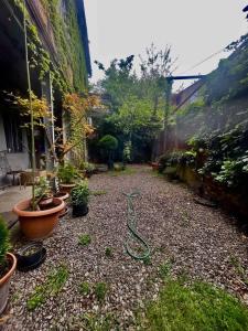a garden with potted plants on a gravel ground at Garden Studio, Old Tbilisi in Tbilisi City