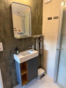 a bathroom with a sink and a shower at Stuga Marstrand in Marstrand +8 photos