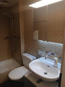 a bathroom with a sink and a toilet and a mirror at Zimmer mit Bad in Bühler