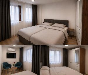 two pictures of a bedroom with a bed and a living room at Rooms Aura Kanal in Kanal