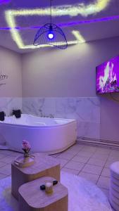 a large bathroom with a tub and a tv at Romantic Suite with Private Jacuzzi in Noyon