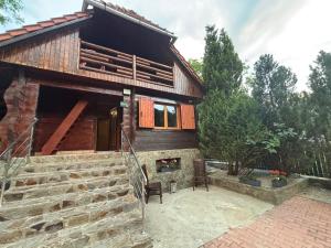 a log cabin with a fireplace in front of it at Cabana Patru Anotimpuri in Rîmeţi