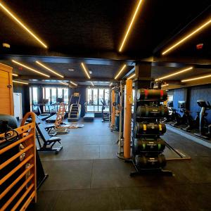 a gym with a bunch of equipment in a room at Pinnacle Suites Hotel in Cowes