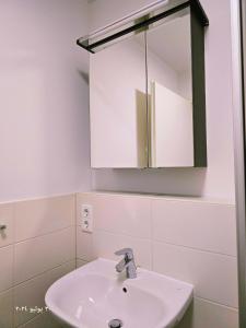 a bathroom with a white sink and a mirror at Nürnberg Nähe Studio in Fürth