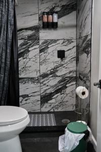 a bathroom with a toilet and a marble wall at Joynest Nest - Private Entry & Bath in Newark