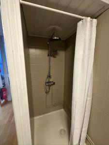 eine Dusche mit Duschvorhang im Badezimmer in der Unterkunft Hej hus! in Nikkala