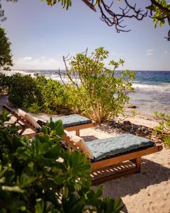 a bench and a table on the beach at Green Lodge Moorea in Teavaro