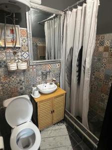 a bathroom with a toilet and a sink and a mirror at Rio II in Zrenjanin