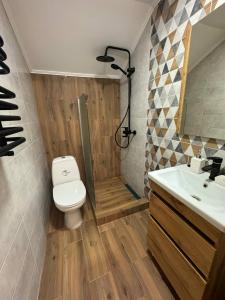 a bathroom with a toilet and a shower and a sink at Grey House in Vorokhta