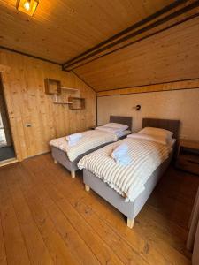 two beds in a room with wooden walls at Grey House in Vorokhta