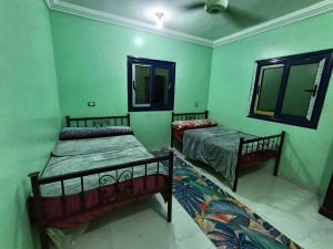 two beds in a room with green walls at Safa home in Al Ghuşnah