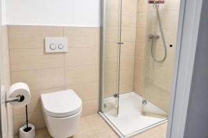 a bathroom with a shower and a toilet at Music Residence in Saarbrücken