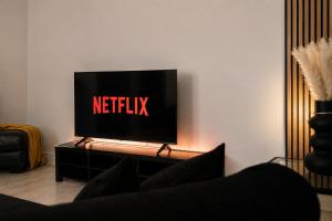 a television with the netflix logo on it in a living room at Newcastle City Centre 2BR, Near Central Train Station in Newcastle upon Tyne