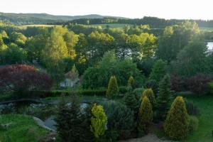 an aerial view of a garden with trees and a lake at Lipno - apartmán C404 in Frymburk