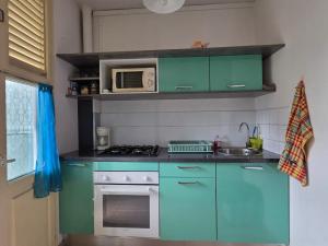 a kitchen with green cabinets and a microwave at SCI Severin in Pointe-à-Pitre