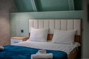 a bedroom with a bed with a teddy bear on it at Bungalov Azerbaijan in Vǝndam +32 photos