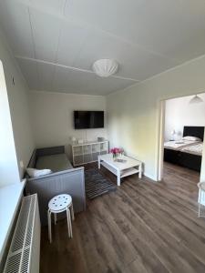 a large living room with a bed and a table at Otepää city view apartment in Otepää