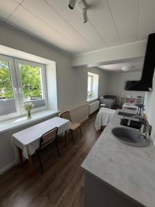 a room with a kitchen with a sink and a counter at Otepää city view apartment in Otepää