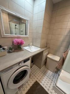 a bathroom with a washing machine and a sink at Otepää city view apartment in Otepää +23 photos