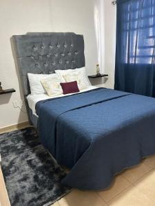 a bedroom with a blue bed with a blue comforter at Casa Morelia ideal, rest or work in San Carlos