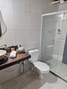 a bathroom with a toilet and a shower at Pousada Pindobas in Venda Nova do Imigrante +53 photos