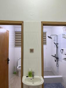 a bathroom with a sink and a shower and a toilet at Serene Coastal Escapes GH in Prampram