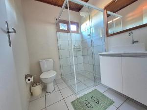 a bathroom with a shower and a toilet and a sink at Residencial Hibiscos - Vista Mar in Garopaba +75 photos