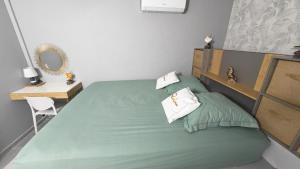 a bedroom with a green bed with a desk and a mirror at Oasis Romantique in Le Moule +7 photos