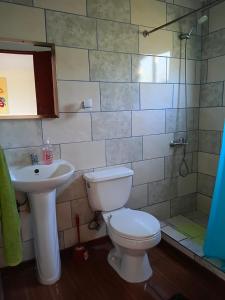 a bathroom with a toilet and a sink at Cabañas Pakaia in Hanga Roa