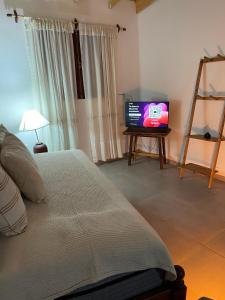 a bedroom with a bed and a flat screen tv at Cabaña Lazarillo in Amaicha del Valle