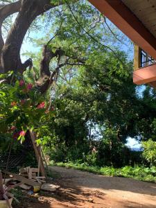 a tree with pink flowers in front of a house at Casa Miramar Tx in Trujillo