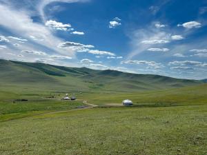 a green field with cars parked in the middle of it at Batzaya Herder Camp in Ulaanbaatar