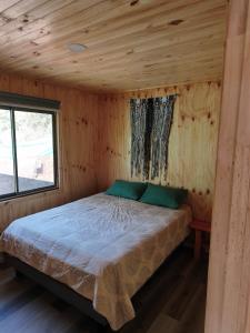 a bed in a wooden room with a window at Cabaña Rincón de Colbùn in Colbún +9 photos