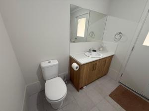 a bathroom with a toilet and a sink and a mirror at Parsee Escape in Edithburgh +15 photos